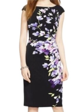Lauren Ralph Lauren Black Floral Sleeveless Ruched Dress Size 4 Knee Length